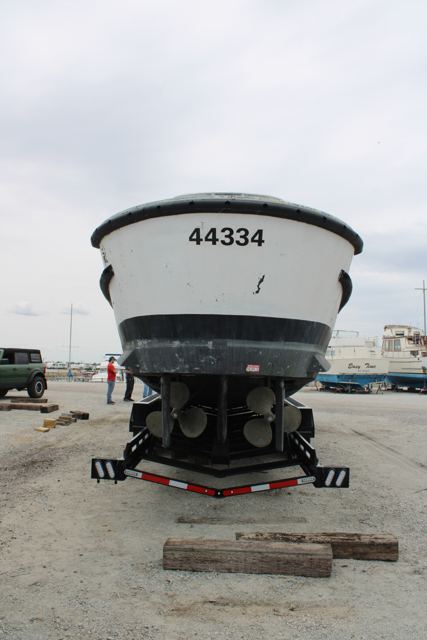 Bow view of MLB 44334 on her trailer, hull number 44334 visible